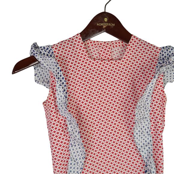 Vintage 70s red white and blue calico floral print midi prairie dress XXS - Picture 2 of 5